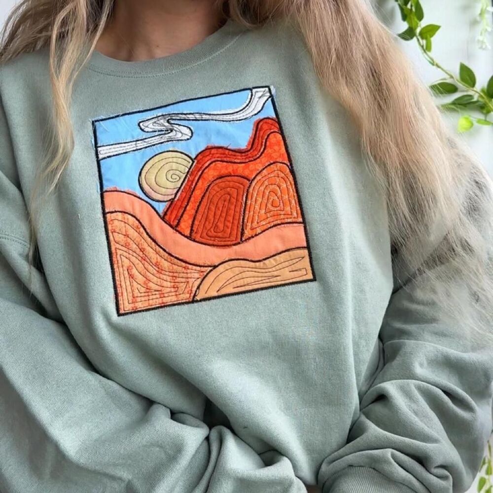 NWT Sage Green mountain landscape patchwork hiking embroidered crewneck